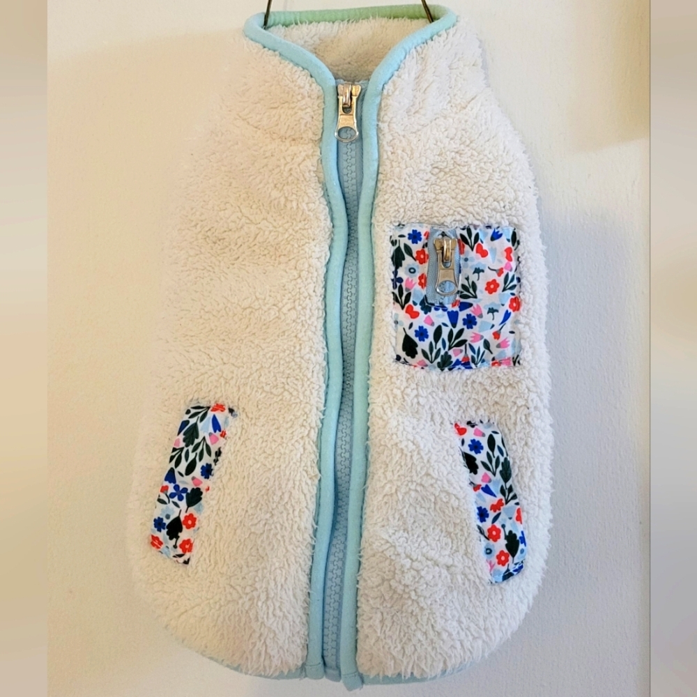 Floral Sherpa Vest with Blue Trim And Floral Pockets Size S